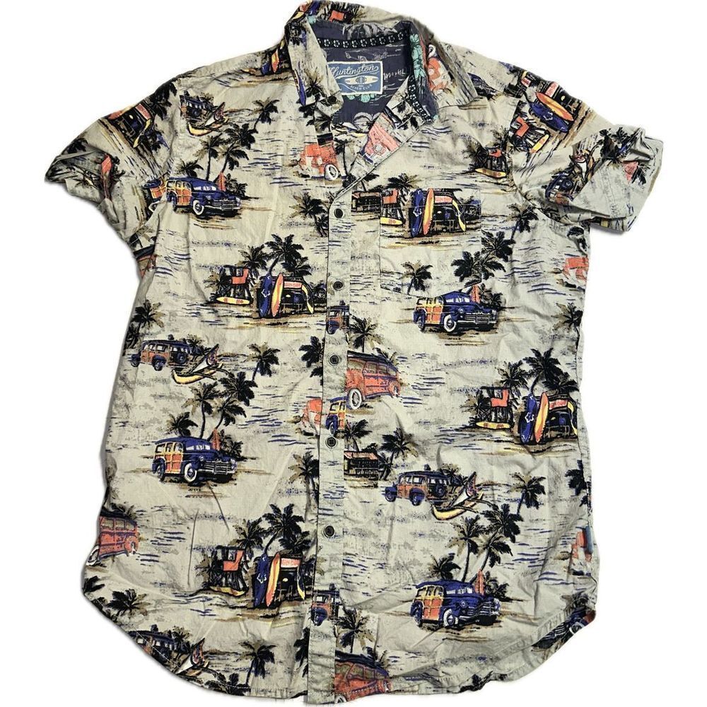 Huntington 1984 Beach‎ Club Car Palm Tree Hawaiian Short Sleeve Button M Blue